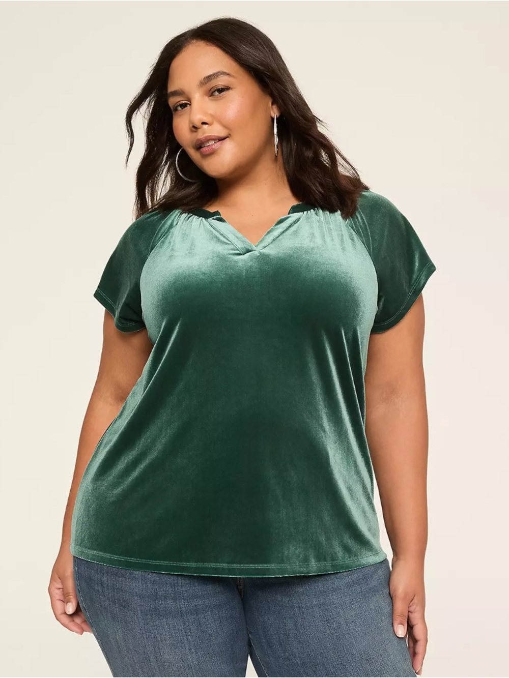 Lane Bryant Velvet Short-Sleeve Top in Deep Green